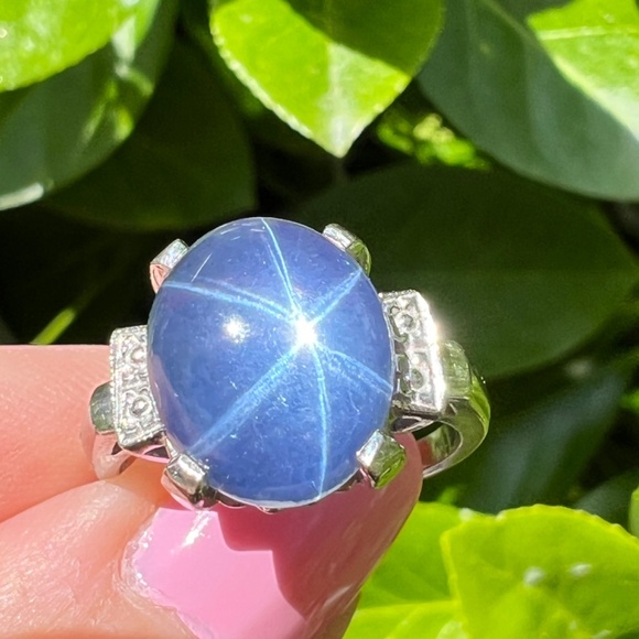 VINTAGE 10K WHITE GOLD SYNTHETIC STAR BLUE SAPPHIRE CATSEYE SPINEL CABOCHON RING - Picture 16 of 16